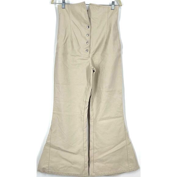 Sara Battaglia High Waist Faux Leather Pants Cream Wide Leg IT Size 42 - Picture 1 of 16